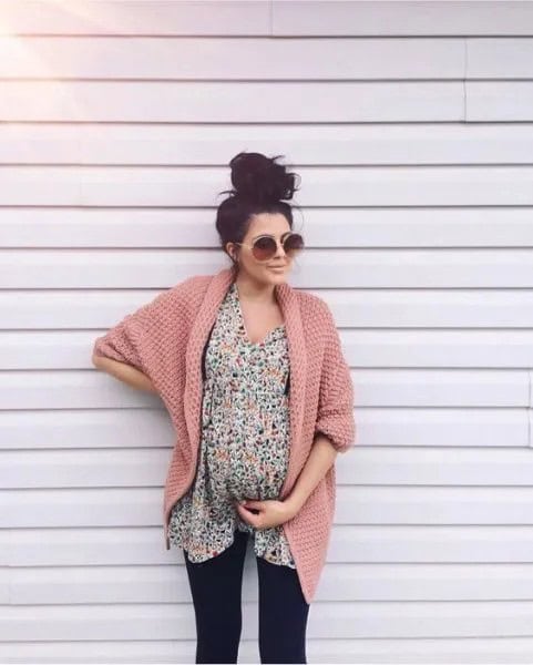 Blush Pink Crochet Knit Maternity Cardigan with Floral Printed Shift Dress