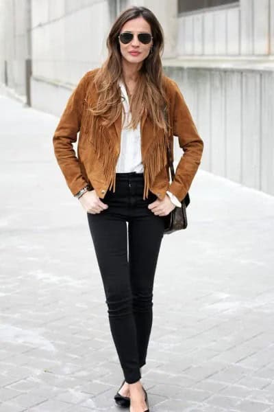 Brown Fringe Suede Fall Jacket with White Blouse & Black Jeans