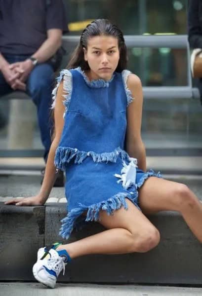 Two-Piece Mini Fringe Dress with White and Blue Two-Toned Denim-Detailed Shoes