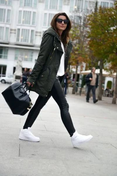 Hooded Longline Parka Jacket with White Blouse & Leather Leggings