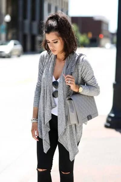 Grey Casual Cardigan with Matching Quilted Leather Shoulder Bag