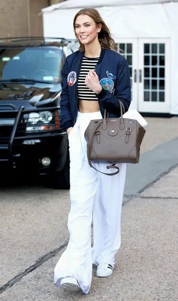 Navy Blue Cropped Bomber Jacket with White Wide Leg Pants