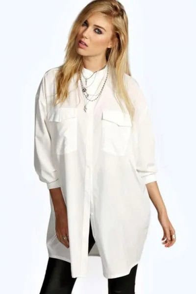 White Oversized Grandad Collar Boyfriend Shirt