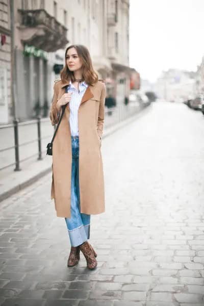 Camel Coat with Blue and White Vertical Striped Shirt & Cuffed Jeans