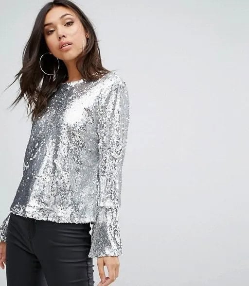 Silver Sequin Bell Sleeve Blouse with Black Leather Pants