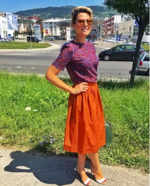 Blue Printed Short Sleeve Blouse with Orange Midi Flared Skirt