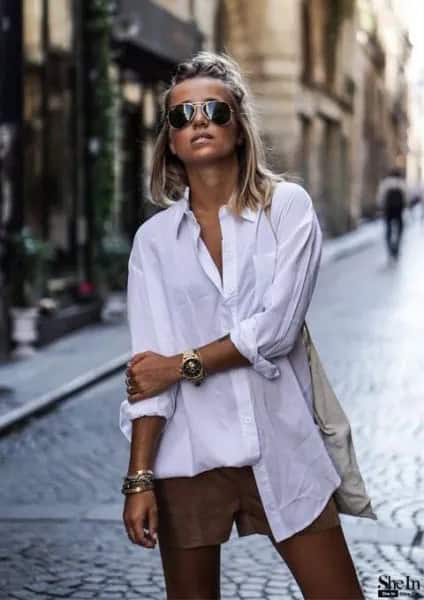 White Tunic Shirt with Mini Green Shorts