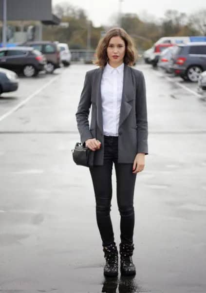 Grey Oversized Blazer with White Shirt & Black Skinny Dress Pants