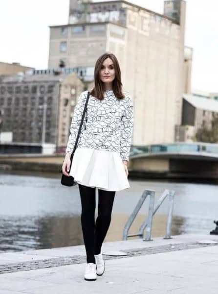 Black and White Sweater & White Pleaded Skirt