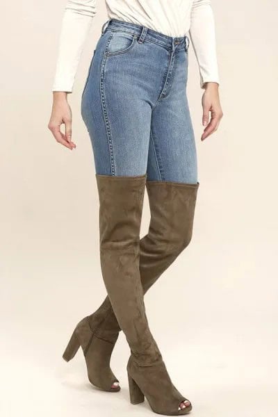 Camel Over The Knee Suede Open Toe Boots with Skinny Jeans