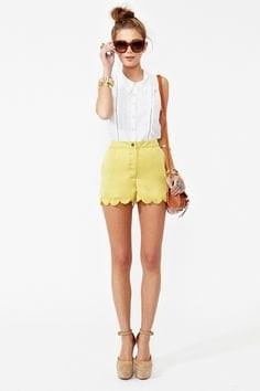 White Sleeveless Blouse with Yellow Scalloped Hem Mini Shorts