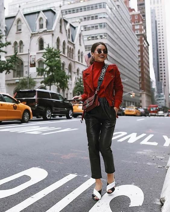 Red Turtleneck + Red Leather Jacket