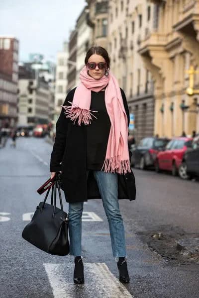 Black Wool Coat with Pale Pink Fringe Scarf & Blue Cropped Slim Fit Jeans