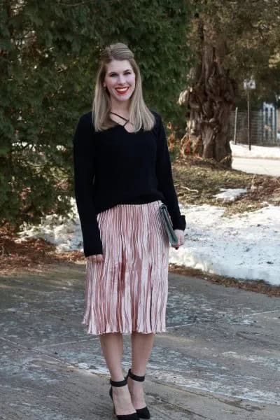 Black Sweater with Rose Gold Midi Pleated Skirt