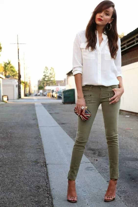 Nude Sandals & Green Skinny Jeans