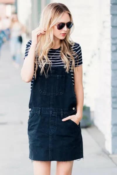 Black Washed Denim Overall Dress with Striped Tee