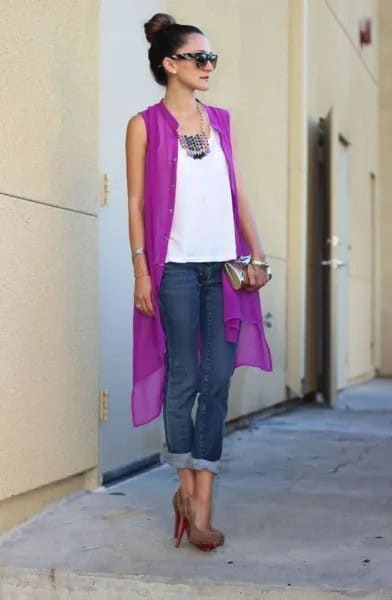 Purple Sleeveless Chiffon Cardigan with White Blouse