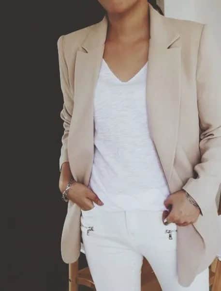 Light Grey Khaki Blazer with White V Neck Tank Top & Skinny Jeans