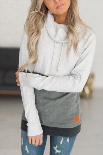 White and Grey Color Block Hoodie with Ripped Skinny Jeans