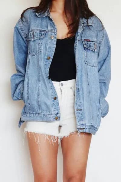 White Denim Fringe Shorts with Black Top & Boyfriend Denim Jacket