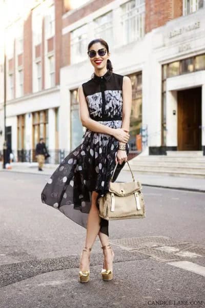 Black Sleeveless Blouse with Polka Dot Chiffon Mini Skirt & Gold Heeled Sandals