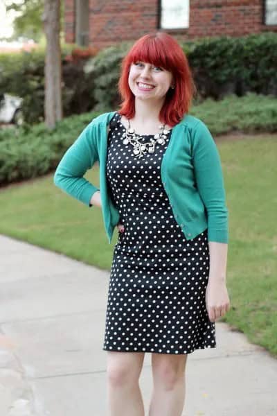 Grey Cropped Cardigan with Black and White Polka Dot Dress