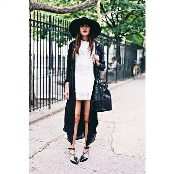 Black Felt Hat with White Shift Dress & Maxi Cardigan