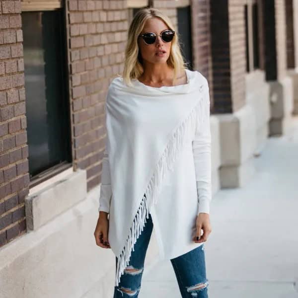 White Fringe Wrap with Ripped Jeans