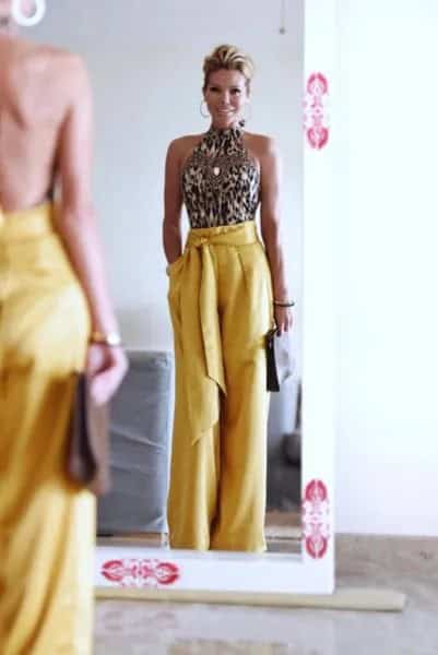 Silver Sequin Halter Top with Tie Waist Yellow Wide Leg Pants