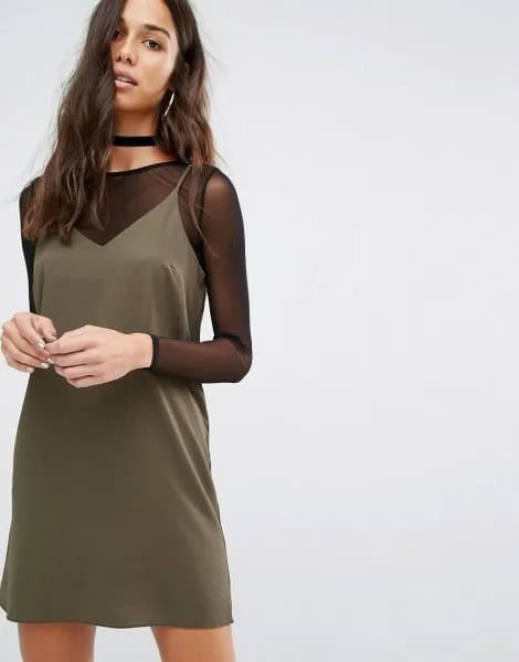 Green Cami Dress with Black Sheer Mesh Top