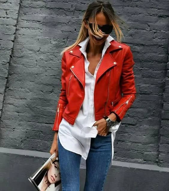 White Shirt + Red Leather Jacket