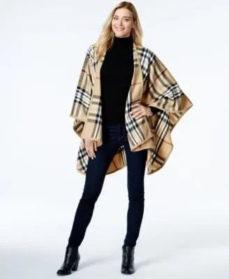 Crepe and Black Plaid Poncho with Turtleneck Form Fitting Sweater