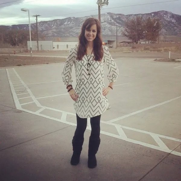 White and Black Printed Tunic Blouse with Black Fleece Lined Leggings & Boots