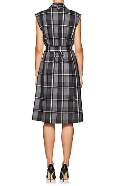 Grey Plaid Gathered Waist Wool Sheath Dress