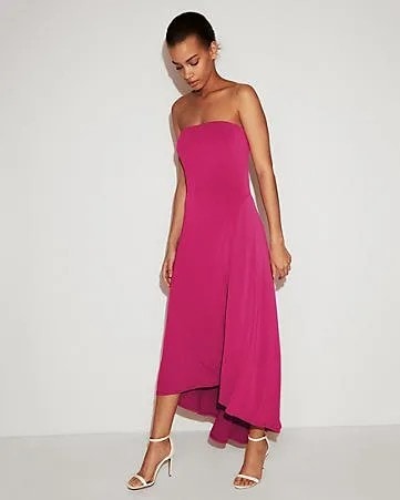 Hot Pink Strapless High Low Maxi Dress with White Open Toe Heels