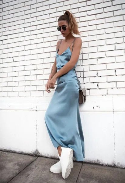 Mint Green Maxi Silk Dress with White Platform Sneakers