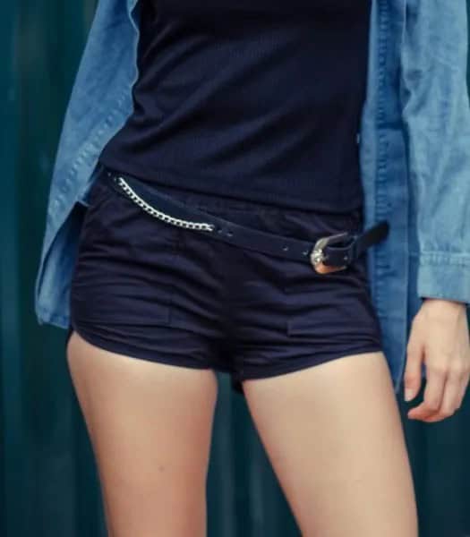 Blue Chambray Button Up Shirt with Black Tank Top & Matching Mini Sweat Shorts