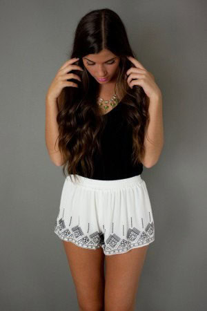 White Boho Style Flowy Shorts with Black V Neck T Shirt