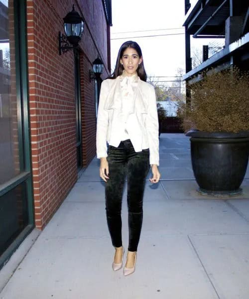 White Blazer with Black Slim Fit Pants & Pointed Toe Heels