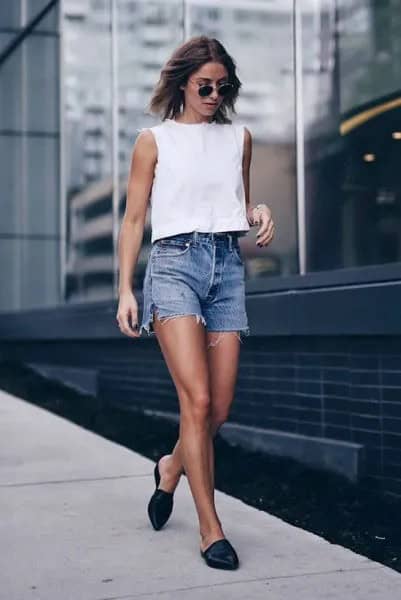 White Chiffon Sleeveless Crop Top with Blue Mini Denim Shorts