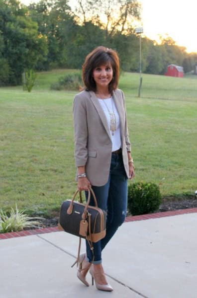 Grey Boyfriend Blazer with White Tee & Gold Statement Necklace