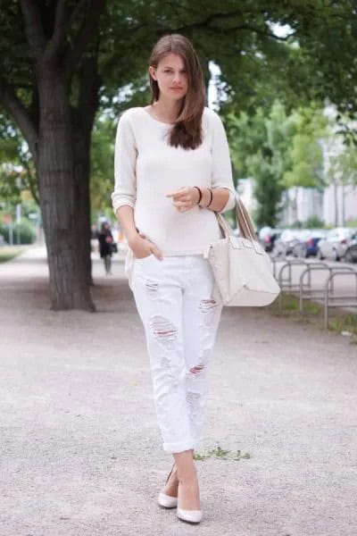 White Scoop Neck Sweater with Matching Ripped Cuffed Boyfriend Jeans