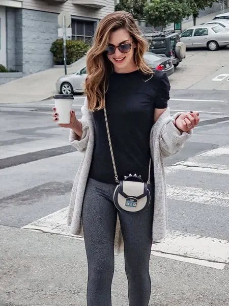 Light Grey Longline Cardigan with Black Tee & Knit Pants