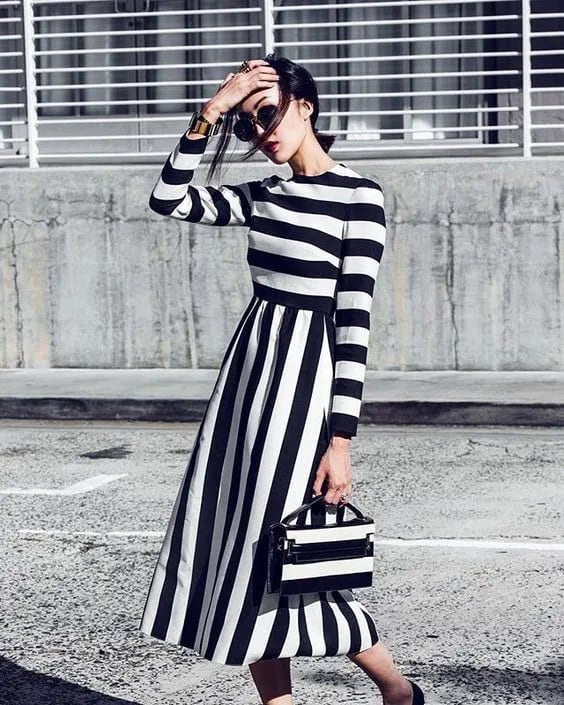 Ladylike Black and White Striped Dress