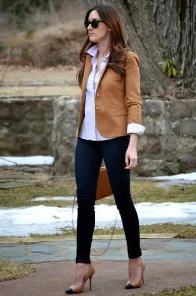 Tan Blazer with White Button Up Shirt & Black Ankle Jeans