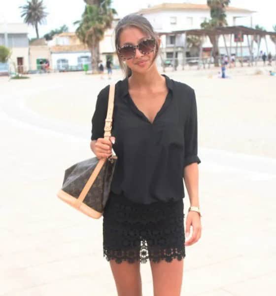 Black Button Up Shirt & Mini Lace Skirt