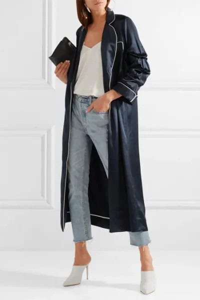 Black Leather Maxi Jacket with Cropped Jeans & White Heels