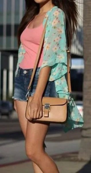 Pale Blue Floral Chiffon Cardigan with Pink Scoop Neck Vest Top