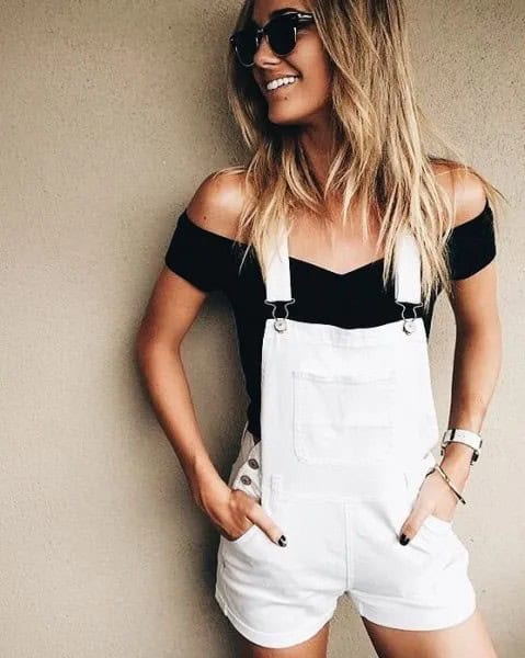 Overall Shorts with Black Off The Shoulder Form Fitting Top