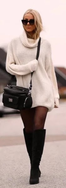 Ribbed White Sweater Dress with Black Stockings & Knee High Heeled Boots